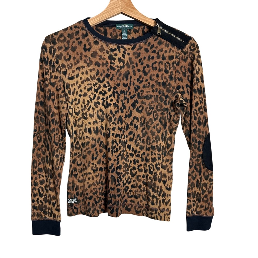 Lauren Ralph Lauren Leopard Print Zipper‎ Shoulder Cotton Top Brown Black Medium